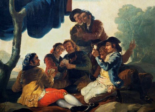 Jugadores de naipes, 1778.Goya.Museo del Prado.Escena llena de gestos, miradas cómplices.. La transgresión de la norma mediante el engaño, donde tres majos hacen señas a un cuarto para desvelar las cartas de sus oponentes.