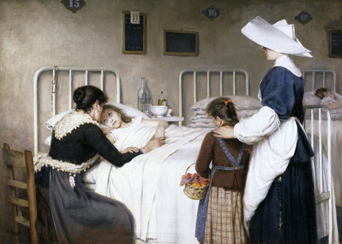 Enrique Paternina.La visita de la madre al hospital.1892.Pintor riojano,reduce a 4 personajes subrayando el cariz cristiano de la atención a los enfermos con las Hermanas de la Caridad y el rosario en la cabecera de la cama.Emotividad entre la enferma.