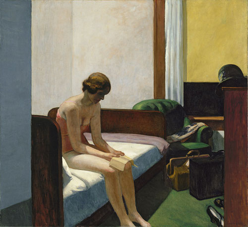 Edward Hopper, Habitación de hotel.1931.152x165cm.Museo Thyssen, Madrid. Metáfora de soledad en las ciudades modernas, que transcribe la alienación del hombre contemporáneo..frialdad de líneas netas, fuerte luz cenital y diagonales acentuadas.