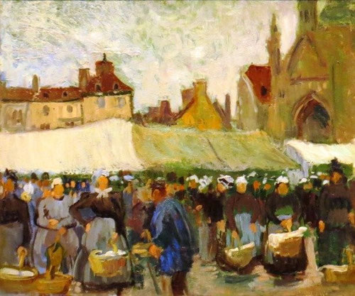 Dufy,Día del mercado en Falaise.El fauvismo le ofrece más libertad cromática captando perfectamente el ambiente de mercados, fiestas populares, la pesca, vida del muelle..enclaves preferidos de su Normandia natal.