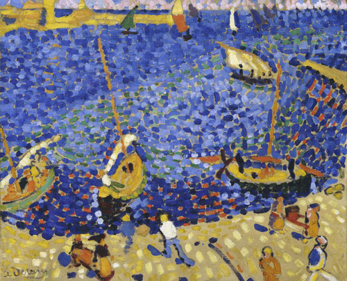 Andree Derain. Barcos en Collioure 1905.Dusseldorf.  Un lugar que descubre por la belleza del paisaje,impregnado en plena naturaleza con actividad pesquera y vitícola, se instala en el Hotel de la Gare.  Él mismo escribe "magia del cielo siempre azul"