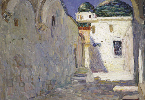 Calle de Túnez,1905.Óleo sobre cartón entelado.24x32cm.Legado Nina K.Un viaje a Túnez en 1905 le brindó ejemplos de diseño caligráfico y estimuló aún más el uso expresivo de las líneas.