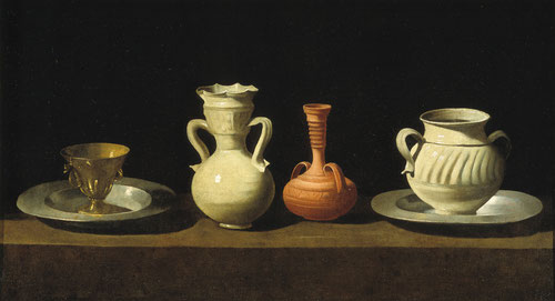 Zurbarán.Bodegón con cacharros,1650-55.Museo Nacional de Arte.Cataluña.Considerado un género menor frente a pintura religiosa.Hay dos ejemplares, el otro 2cm mayor pertenece al M.Prado.