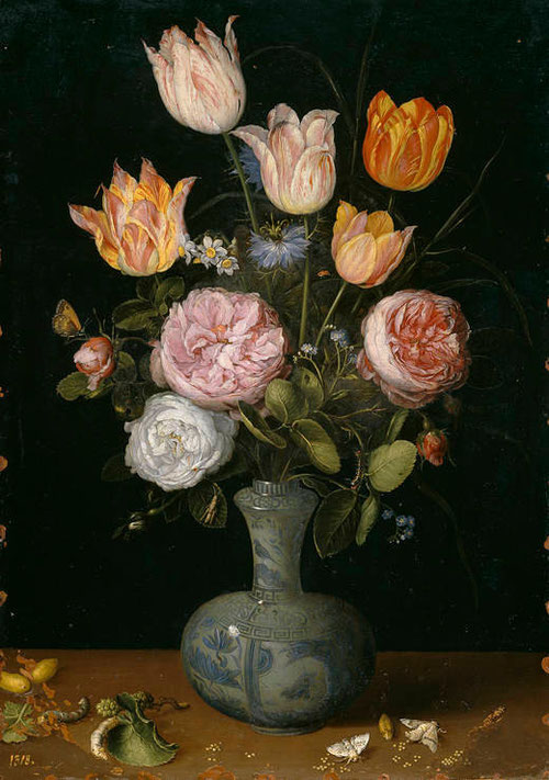 Jan Brueghel el viejo,Florero hacia 1600-21. 41cmx23cm.Impresionan las hojas comidas por gusanos en tan pequeño formato símbolo del paso del tiempo.