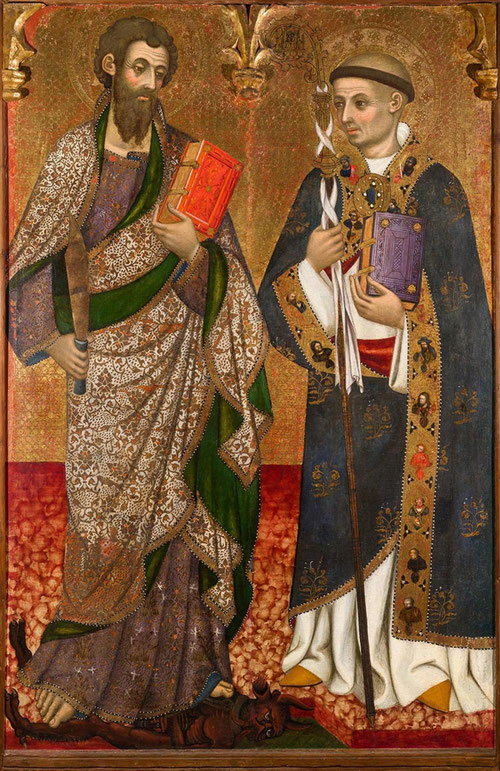 Pere Serra. San Bartolomé y San Bernardo de Claraval, 1395.Temple y pan de oro sobre tabla,145x96cm,Museo Episcopal de Vic. La inmensa demanda de tejidos de hilos bordados según roleos románicos venidos de oriente y Bizancio, pintura polimatérica.