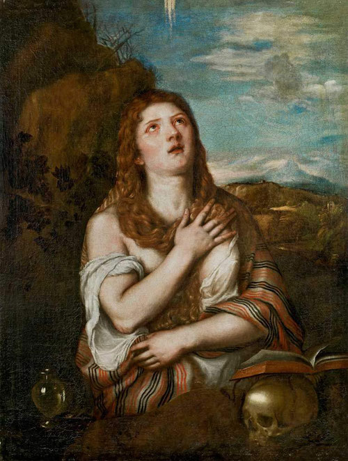 Tiziano Veccellio.Maria Magdalena penitente 1540-46.Óleo sobre lienzo.126x94cm.Colección privada.Pintó tres versiones casi idénticas para el estímulo de los sentidos.Rostro,manos y cuerpo lo resuelve con un rotundo claroscuro con exigencias lacrimosas.