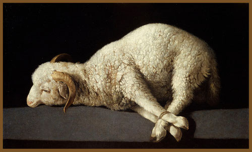 Agnus Dei,1635.Zurbarán Representa al cordero como víctima propicia al sacrificio, por tanto como símbolo de Cristo cuya muerte salvaría a la humanidad del pecado.Ejemplo de su capacidad tecnica y sensibilidad.