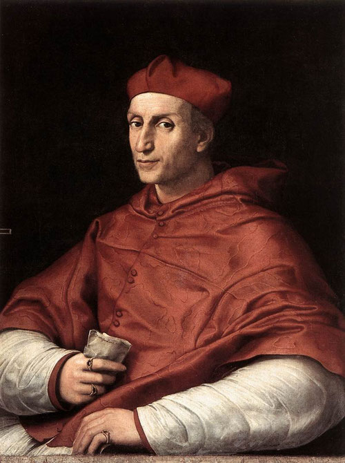 Cardenal Bernardo Dovizi da Bibbiena, 1516. Rafeal. Óleo sobre lienzo. 86x65cm. Palacio Pitti. Incrito en la carta: "Sanctissimo domino nostro Papa" Este fue el mecenas más importante de Rafael despues del propio Leon X. Dotes diplomáticas e ingenioso.