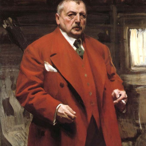Anders Zorn.Autorretrato en rojo 1915Óleo sobre lienzo. 120x 90cm. Mora Zornmuseet. A finales del S.XIX regresó por fin a su patria con Emma, fue su último autorretrato en Mora, toda una vida ligada a su tierra natal, mirada honesta y rostro cansado.