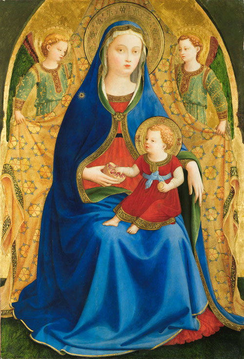 Virgen de la Granada.Beato Angelico 1426.Museo del Prado.Óleo sobre tabla.La parte superior ojival.Sorprende la belleza emocional y espiritual. La granada,todo un código figurativo con intenciones didácticas.