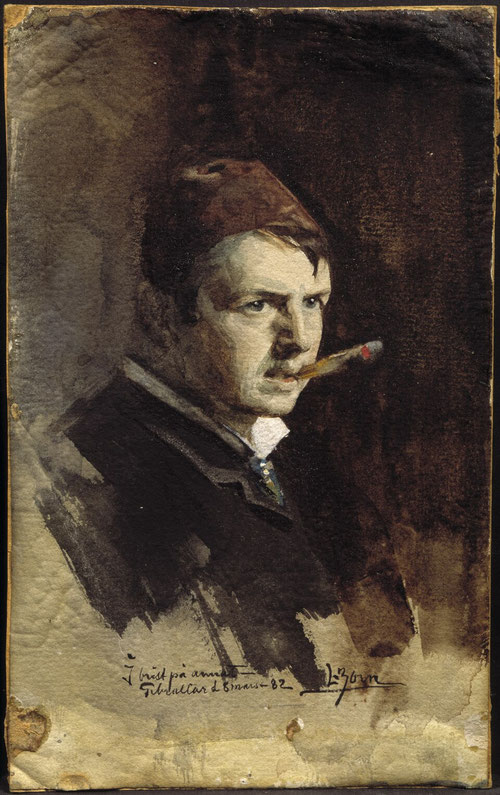 Anders Zorn. Autorretrato, 1882. Acuarela sobre papel. 24x16cm. Estocolmo Nationalmuseum. Tan solo 22 años pintó su autorretrato de medio perfil vestido con abrigo oscuro y un fondo marrón rojizo mira con severa concentración, mientras fuma.