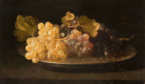 Juan de Zurbarán hijo.Plato de uvas,1639,col.privada.Magnífico bodegón de dimensiones pequeñas sobre plancha de cobre,cuando el pintor apenas tenía 19 años.La luz incide en primer plano sobre las uvas,con una técnica excelente como su padre.