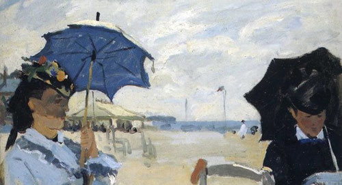 Claude Monet.La playa de Trouville 1870.Óleo sobre lienzo,38x46cm.National Gallery.Londres. Volvía cada verano a la localidad normanda a 15 Km de Hanfleur,su protagonista fue Camille su mujer,factura vibrante de primer plano a diferencia de Boudin.