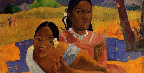 Gauguin "Nafea faa ipoipo"¿Cuando te casas?El sintetismo de Gauguin es desconcertante,colores lisos,formas rodeadas de sombra,exquisita elegancia de mujeres en primer plano, absortas,ensinismadas.Hermosa armonía donde todo es íntimo y silencioso.