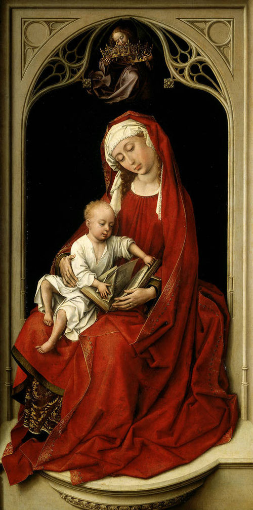 Rogier van der Weyden.La Virgen con el Niño llamada la Madona Duran.Óleo sobre tabla de roble,100x52cm.Madrid.Museo Nacional del Prado.La Virgen sentada dentro de un nicho de piedra gris y de sección semicircular.Su base se prolonga en saliente curvo.