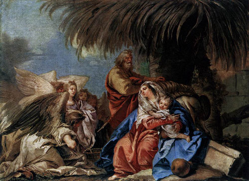 Giandomenico Tiepolo. El descanso en la huida a Egipto, 1752.Rostros angélicos de gran belleza,enigmáticas sombras,árboles que ofrecen protección a la Sagrada Familia. Obra maestra llena de amor.