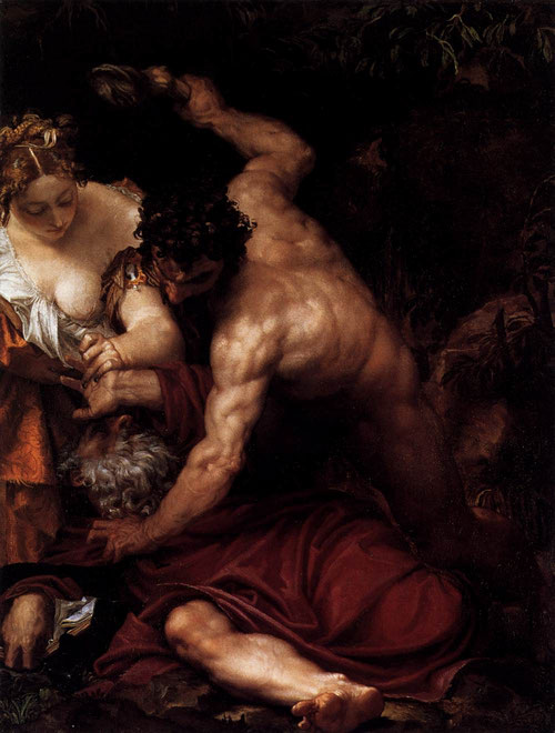 Paolo Veronese. tentación de San Antonio 1552-53.öleo sobre tabla traspasado a lienzo.198x149cm. Musée de Beaux Arts de Caen. Hasta qué punto la personalidad de Paolo Veronese  influyeron los maestros lombardos coetáneoa como Batista del Moro, Brusasorci 