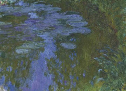 Claude Monet.Nenúfares,1914-17.Òleo sobre lienzo.150x200cm.Foundation Beyeler.Basilea.La producción textil de los años 90 ahonda el empeño del artista en la dimensión monumental de los reflejos proyectados de la luz,como ppal actor de la naturaleza.