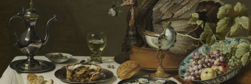 Pieter Claesz.Naturalez muerta con un pastel de pavo 1627.Óleo sobre tabla 75x132cm.Amsterdam Rijksmuseum. Todos reflejan intereses comunes: demostrar la habilidad en reproducir fielmente los objetos y evocar el status,la cultura y los valores morales.