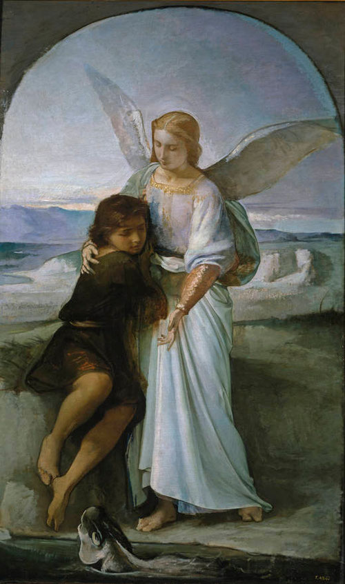 Tobías y el ángel, de Eduardo Rosales.Öleo sobre lienzo 198x118cm.Escuela española.Estilo personal y sintético de gamas frías, aunque un academicismo velazqueño con autonomía plástica. Texto incluido en los Apócrifos del AT.