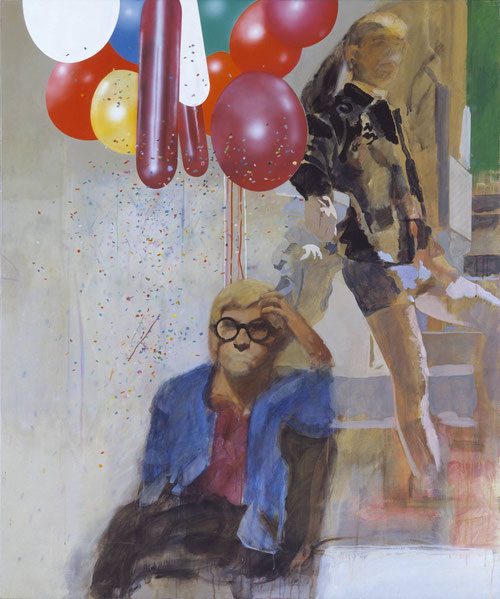 Peter Blake,Retrato de David Hockney en un interior español de Holliwood 1965.Acrílico, grafito y tinta sobre lienzo.182x152cm. Utilizó una fotografía de M.Cooper y detras suya otra de Cooper con pantalones cortos, apoyado en escalera.