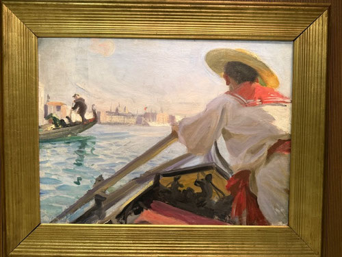 Anders Zorn. En mi góndola 1894.Óleo sobre lienzo.67x91cm.Mora Zormuseet.Composición inusual en diagonal con magistral tratamiento de la luz vibrante sobre el agua y el gondolero veneciano de espaldas nos muestra una vista del Gran Canal.
