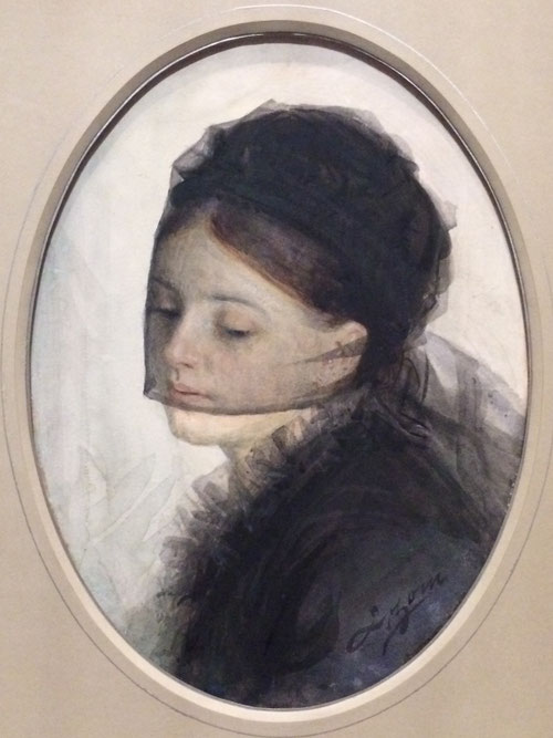 Anders Zorn. De luto. 1880. Acuarela sobre papel. 42x31cm. Estocolmo National Museum,legado Rosa E Nachmanson 1916. Fue su primer gran éxito artístico con la acuarela, mujer joven de busto con vestido negro quien baja la mirada con melancolía.