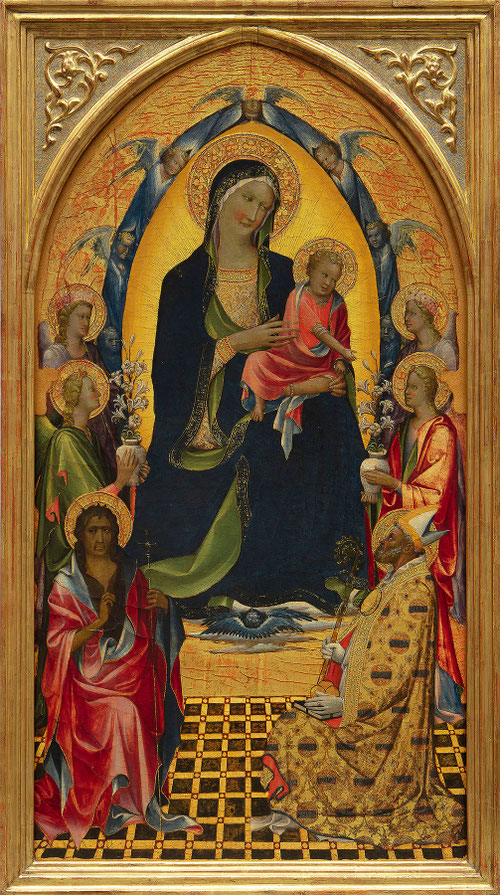 Gherardo Starnina.Virgen con el Niño, San Juan bautista, San Nicolás y los ángeles.1407.Temple y pan de oro sobre tabla. Florencia, Galeria de la Academia.