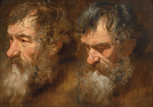 Van Dyck,Dos estudios de hombra con barba.1616,tabla Amberes.Colección de estudios para sus grandes narraciones históricas como sus apóstoles.Pinceladas sueltas,forma caligráfica de pintar el cabello típico de Van Dyck.