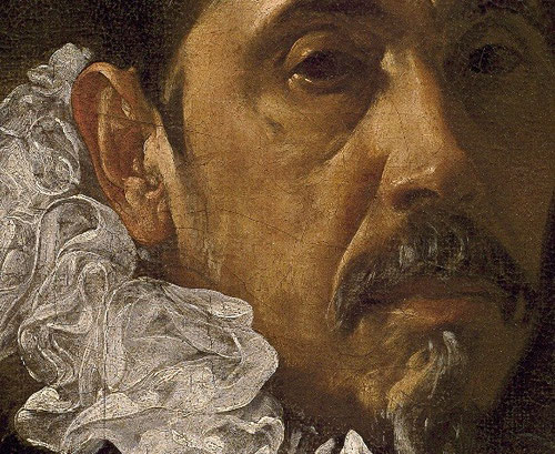 Detalle de Francisco Pacheco, suegro de Velázquez y maestro.1620.El traje negro y la gorguera son también comunes a estas piezas y sirven para situar a los personajes en una escala social burguesa o noble.Con gran peso artístico en Sevilla.