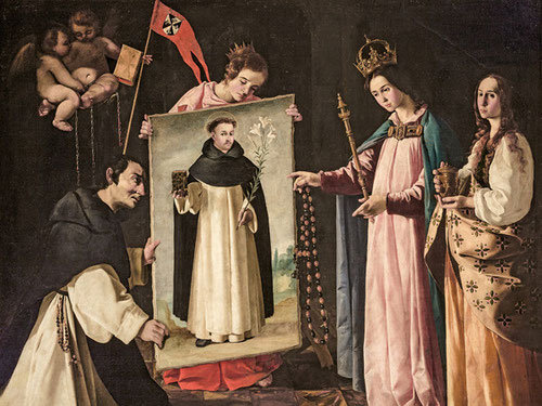 Sto Domingo en Soriano.Francisco Zurbarán 1626-27,procede de S.Pablo el Real, convento dominico desaparecido.Sta Catalina porta el retrato y Magdalena presencian el milagro,la entrega del fundador en presencia de la Virgen de un delicado rosa violáceo.