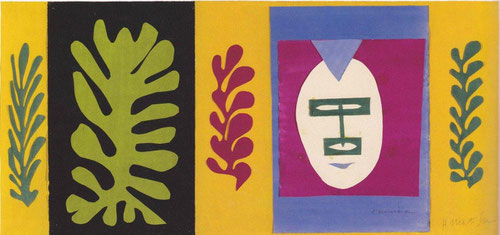 H. Matisse, El esquimal, 1947. Gouache y papel recortado, 40x86cm, Designmuseum Danmark. Formas recortadas y coloreadas, hojas del árbol del pan, máscaras..así comenzó a explotar sus recuerdos de Tahití en los papiers découpes.