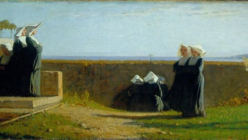 Vicenzo Cabianca, las monjitas.1861.Óleo sobre lienzo, 36x99cm.Instituto Matteucci, Vireggio.