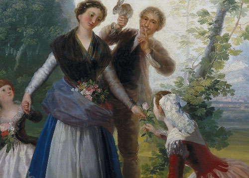 Detalle de la Primavera,Goya,Museo del Prado,cartón 1786.Toda una alegoría , dos mujeres y un mozo con un conejo en la mano, como atributos de Flora y símbolo de la fecundidad.