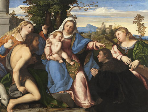 Palma el Viejo.La Virgen y el Niño con santos y un donante,1518.Óleo sobre tabla trasladado a lienzo.105x136cm.Museo Thyssen. Compleja red de miradas.La Virgen, Magdalena y Sta.Catalina confluyen en el Niño,que junto a San Juan mira ensimismado al donante