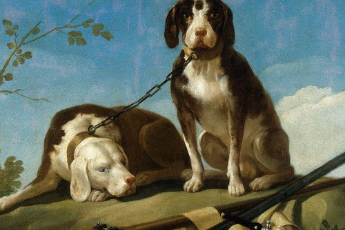 Detalle de Perros en traílla, 1775. Museo del Prado. Fue Carlos V quien introdujo en España la caza como ceremonia de caballeros, uno de los pasatiempos más nobles de reyes y príncipes de las cortes europeas, connotaciones simbólicas y divinas.