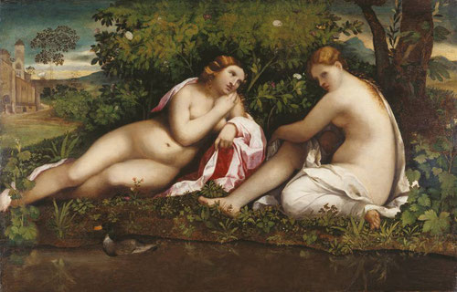 Palma el Viejo.Dos ninfas en un paisaje(¿Jupiter disfrazado de Diana seduciendo a Calisto?)1513.Óleo sobre tabla. Frankfurt Museum. Pastorales venecianas o Bucólicas de Virgilio, la naturaleza poética alcanzó en la Arcaia la madurez de la literatura Rcmto