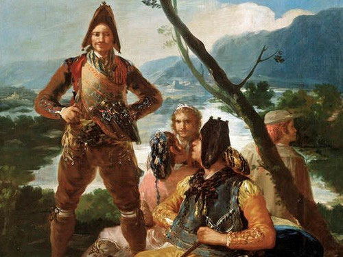 Goya,el resguardo de tabacos,1780.Museo del Prado.La figura principal de pie, evoca fortaleza para combatir el contrabando y ganarse el respeto de la población.Era monopolio fiscal de la Corona y suponia un cuarto de los ingresos del erario público.