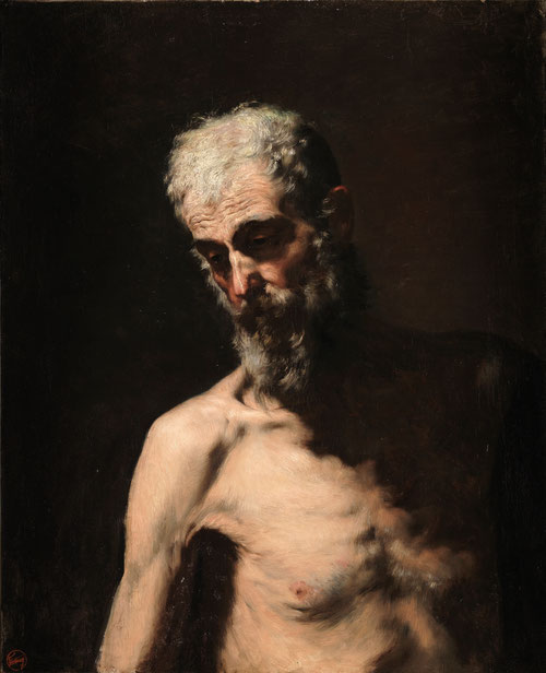 San Andrés, copia de Ribera,hacia 1867.Museo del Prado.Óleo sobre lienzo.80x60cm. Elige un encuadre sin atributos iconográficos que identifican al santo, el pez y la cruz aspada donde sufrió martirio.Destaca su anatomía con fuertes claroscuros..