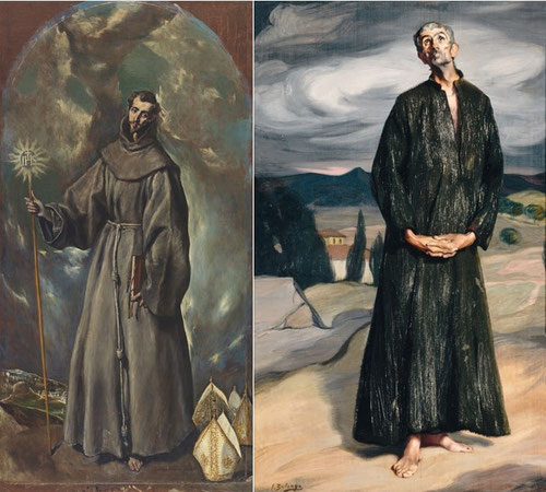 Derecha:El anacoreta de ZULOAGA 1907,Musée D´Orsay junto a San Bernardino de Siena del Greco pintado en 1603.M.Prado en Madrid.La influencia cretense de Zuloaga llegó en plena Guerra Civil española.