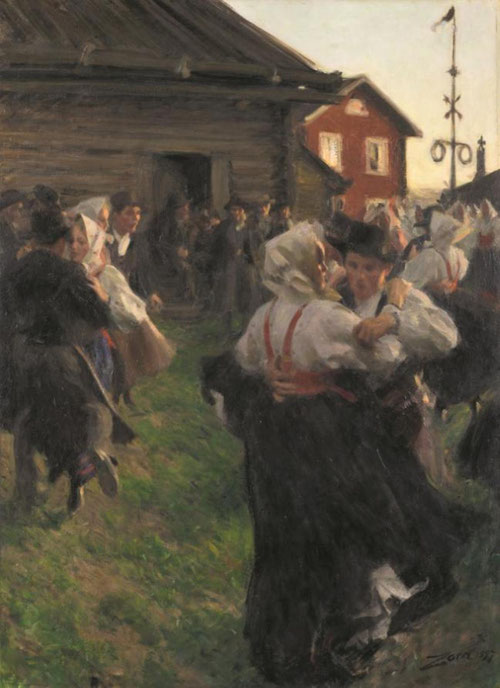 Anders Zorn. 1897.Óleo sobre lienzo.140x98cm.Estocolmo, Nationalmuseum.Baile del solsticio de verano.Las parejas danzan con trajes regionales típicos y se mueven al son de la música, sus rostros iluminados por el sol nocturno.