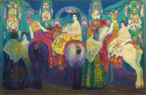 Hermenegildo Anglada Camarasa. Feria de Valencia 1907. Original propuesta estética del modernismo español,caballos ricamente enjaezados y mantones de las mujeres y su conexión con el simbolismo y escenas del París nocturno.
