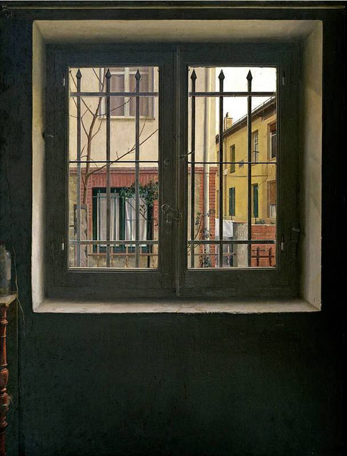 Isabel Quintanilla.Ventana,1970.Óleo sobre tabla.131x100cm.Galerie Berlin,Hamburgo.El uso de la visión noctura-diurna,los contrastes de luz y la representación de la ventana dramatizada por rejas y muros implica un cauce sórdido de presencia-ausencia.