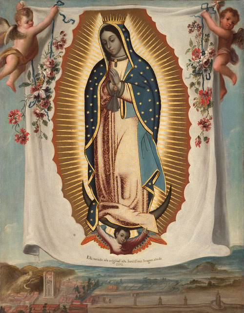 Atribuido a José de Ibarra.Virgen de Guadalupe,1751.Óleo sobre lienzo 105x82cm,Sevilla.Colección particular.Aparece sin bastidor y sujetada en sus dos esquinas sup.por dos ángeles y un desarrollo complejo de pliegues.