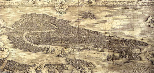 Jacob de Barbari. Vista impresionante a vuelo de pájaro de Venecia.1500. Xilografía. Fondazione Musei Civi Venecia. Perspectiva única y prodigiosa de la ciudad, grabado único del Renacimiento veneciano.Detallismo propio de la tradición noreuropea.