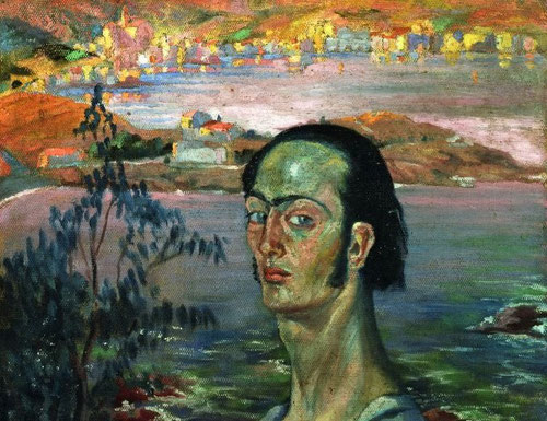 Dalí,autorretrato con cuello rafaelesco,1921.Cabeza en luz tamizada irrumpe en el centro del paisaje como un "ecce homo".Con 18 años adopta esta postura melancólica de Rafael, quien se autorretrata en 1506,Galeria Uffizi,con esta curva dorsal acentuada.