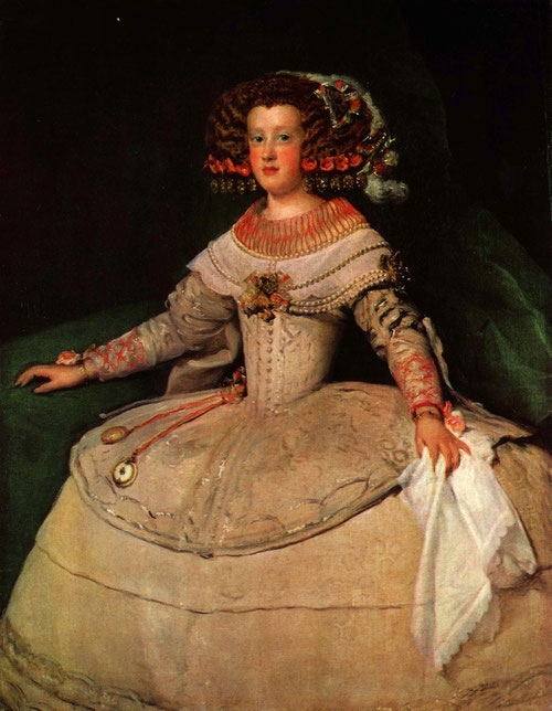 La infanta M.Teresa era la única hija que le quedaba a Felipe IV cuando casó con Mariana de Austria en 1649.Casó con Luis XIV en 1660 poniendo fin a la guerra con Francia.Magnífico retrato más vivaz y ligero, con expresión franca y despierta.