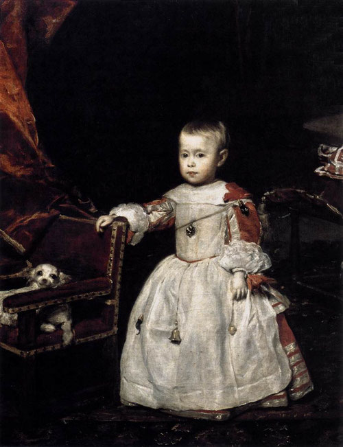 Felipe el Próspero, fue tejiendo una densa red de temores, esperanzas y ansiedades.Velázquez resume con eficacia comunicativa un juego de contrastes entre la mirada del niño y el de la perrilla, entre la corta edad y la fragilidad del personaje.