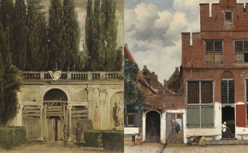 Simlitudes sorprendentes entre Velázquez:Vista del Jardín de Villa Medicci 1630 y J.Vermeer:Vista de una casa en Delft 1658.Nunca se conocieron sin embargo participan de la intención estética,asimetría,técnica abocetada y serenidad.