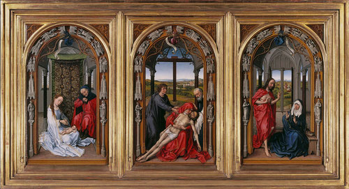 Rogier van der Weyden, Tríptico de Miraflores,antes de 1445,óleo sobre tabla de roble, cada tabla superficie pintada 71x42cm. Berlin.Donado por Juan II de Castilla a la cartuja de Miraflores hasta 1783,encontrado en Burgos por Napoleón,1835 pasa a Londres